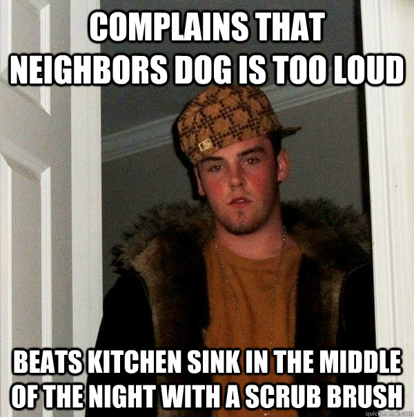 COMplains that neighbors dog is too loud Beats kitchen sink in the middle of the night with a scrub brush - COMplains that neighbors dog is too loud Beats kitchen sink in the middle of the night with a scrub brush  Scumbag Steve
