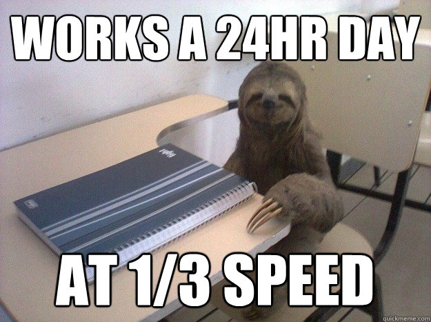 works a 24hr day at 1/3 speed - works a 24hr day at 1/3 speed  Productive Sloth