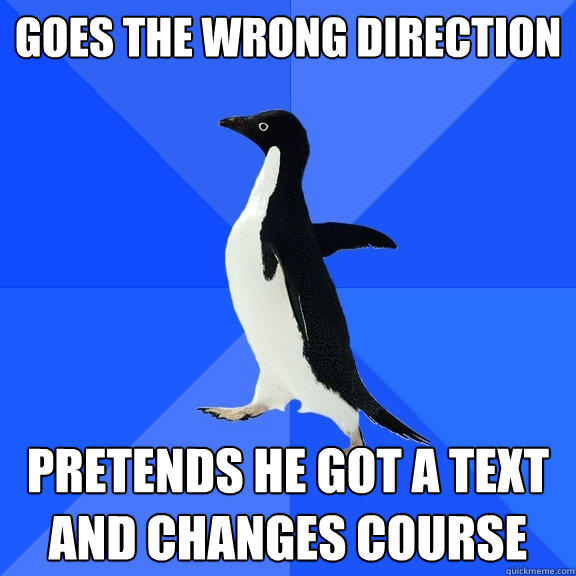 Goes the wrong direction pretends he got a text and changes course  Socially Awkward Penguin