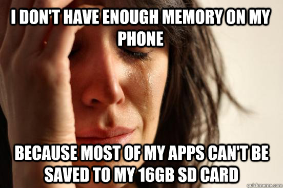 I don't have enough memory on my phone because most of my apps can't be saved to my 16gb SD card  First World Problems