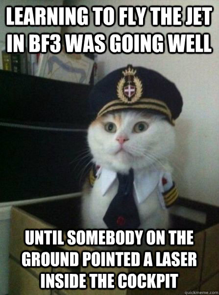 Learning to fly the jet in BF3 was going well Until SOMEBODY ON THE GROUND POINTED A LASER INSIDE THE COCKPIT  Captain kitteh