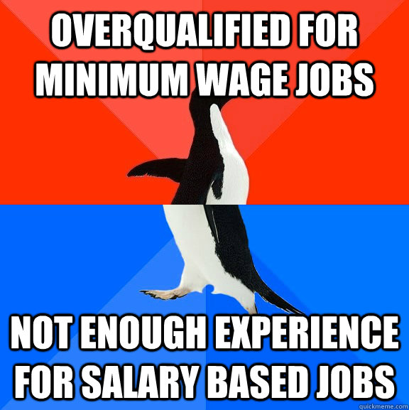 Overqualified for minimum wage jobs not enough experience for salary based jobs  Socially Awesome Awkward Penguin