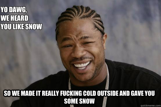Yo Dawg,
we heard 
you like snow so we made it really fucking cold outside and gave you some snow - Yo Dawg,
we heard 
you like snow so we made it really fucking cold outside and gave you some snow  YO DAWG