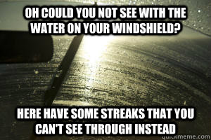 Oh could you not see with the water on your windshield? Here have some streaks that you can't see through instead - Oh could you not see with the water on your windshield? Here have some streaks that you can't see through instead  Windshield wipers.