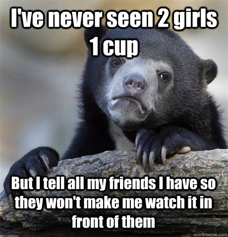 I've never seen 2 girls 1 cup  But I tell all my friends I have so they won't make me watch it in front of them  Confession Bear