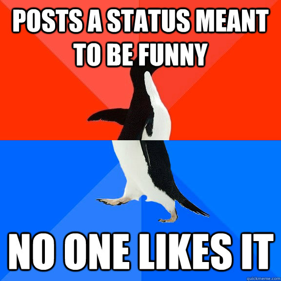 Posts a status meant to be funny  No one likes it  Socially Awesome Awkward Penguin