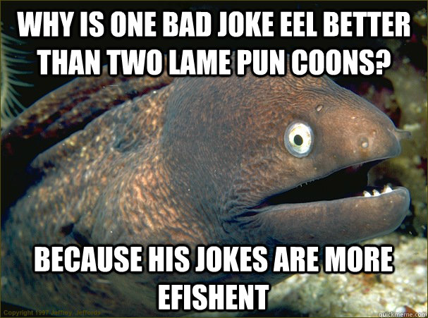 why is one bad joke eel better than two lame pun coons? because his jokes are more efishent  Bad Joke Eel