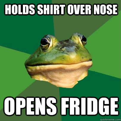 holds shirt over nose opens fridge  Foul Bachelor Frog