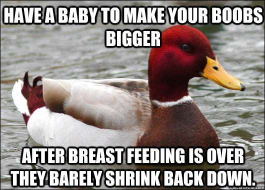 Have a baby to make your boobs bigger After breast feeding is over they barely shrink back down.  Malicious Advice Mallard