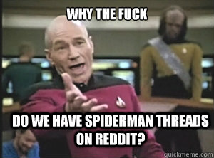 Why the fuck do we have spiderman threads on reddit?  Annoyed Picard