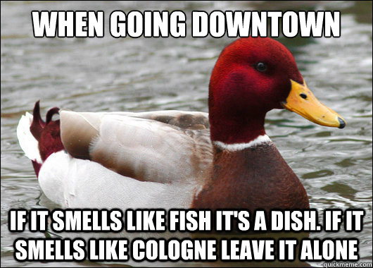 WHEN GOING DOWNTOWN IF IT SMELLS LIKE FISH IT'S A DISH. IF IT SMELLS LIKE COLOGNE LEAVE IT ALONE - WHEN GOING DOWNTOWN IF IT SMELLS LIKE FISH IT'S A DISH. IF IT SMELLS LIKE COLOGNE LEAVE IT ALONE  Malicious Advice Mallard