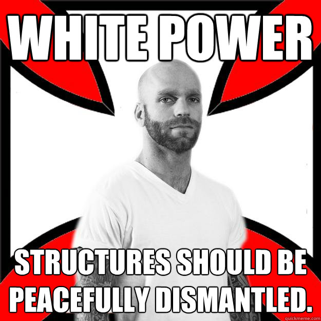 white power structures should be peacefully dismantled.  Skinhead with a Heart of Gold