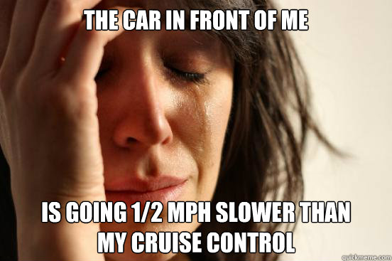 The car in front of me is going 1/2 mph slower than
my cruise control  First World Problems