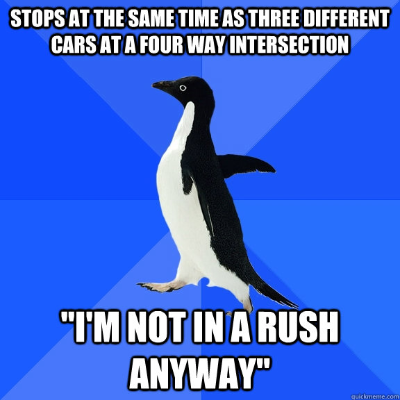 Stops at the same time as three different cars at a four way intersection 