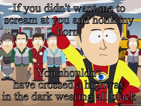 IF YOU DIDN'T WANT ME TO SCREAM AT YOU AND HONK MY HORN  YOU SHOULDN'T HAVE CROSSED A HIGHWAY IN THE DARK WEARING ALL BLACK Captain Hindsight