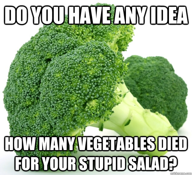 do you have any idea how many vegetables died for your stupid salad? - do you have any idea how many vegetables died for your stupid salad?  vegans