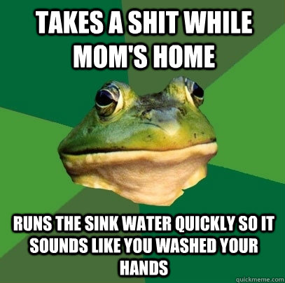 TAKES A SHIT WHILE MOM'S HOME Runs the sink water quickly so it sounds like you washed your hands  Foul Bachelor Frog