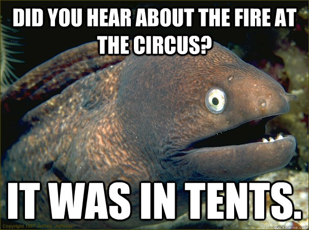 Did you hear about the fire at the circus? It was in tents. - Did you hear about the fire at the circus? It was in tents.  Bad Joke Eel