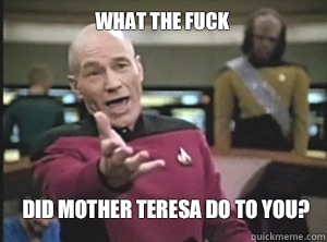 What the fuck  Did mother Teresa do to you?   Annoyed Picard