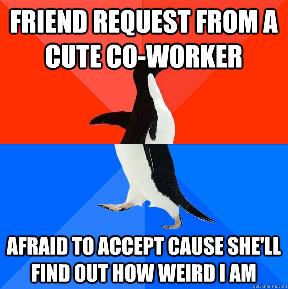 friend request from a cute co-worker afraid to accept cause she'll find out how weird i am   Socially Awesome Awkward Penguin