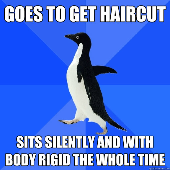 Goes to get haircut sits silently and with body rigid the whole time  Socially Awkward Penguin