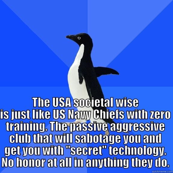  THE USA SOCIETAL WISE IS JUST LIKE US NAVY CHIEFS WITH ZERO TRAINING. THE PASSIVE AGGRESSIVE CLUB THAT WILL SABOTAGE YOU AND GET YOU WITH 