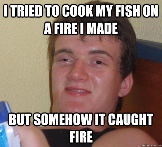 I tried to cook my fish on a fire I made but somehow it caught fire  stoner guy