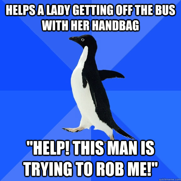 Helps a lady getting off the bus with her handbag 