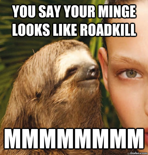You say your minge looks like roadkill MMMMMMMM  rape sloth