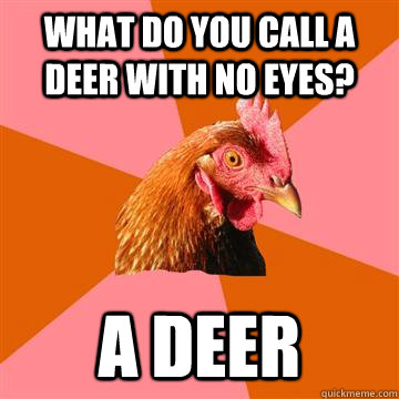 what do you call a deer with no eyes? a deer  Anti-Joke Chicken