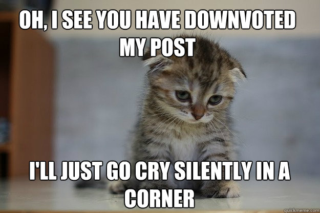 Oh, I see you have downvoted my post I'll just go cry silently in a corner Caption 3 goes here  Sad Kitten