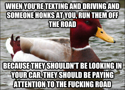 When you're texting and driving and someone honks at you, run them off the road because they shouldn't be looking in your car, they should be paying attention to the fucking road  Malicious Advice Mallard