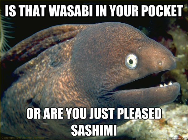 Is that wasabi in your pocket or are you just pleased SASHIMI  Bad Joke Eel