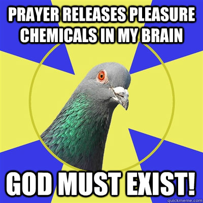 prayer releases pleasure chemicals in my brain God must exist!  Religion Pigeon