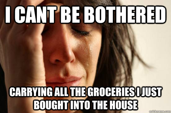 I cant be bothered  carrying all the groceries i just bought into the house  First World Problems