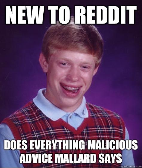 New to reddit Does everything malicious advice mallard says  Bad Luck Brian