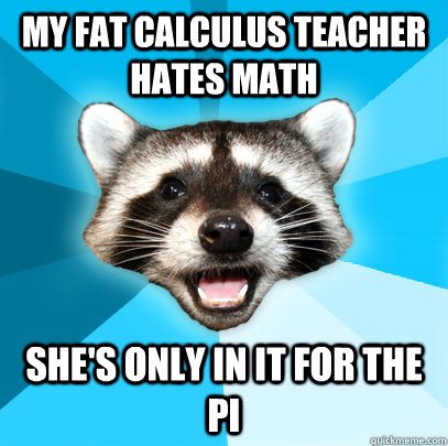 My fat calculus teacher hates math she's only in it for the pi  Lame Pun Coon