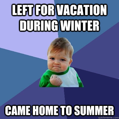 Left for vacation during winter Came home to summer  Success Kid