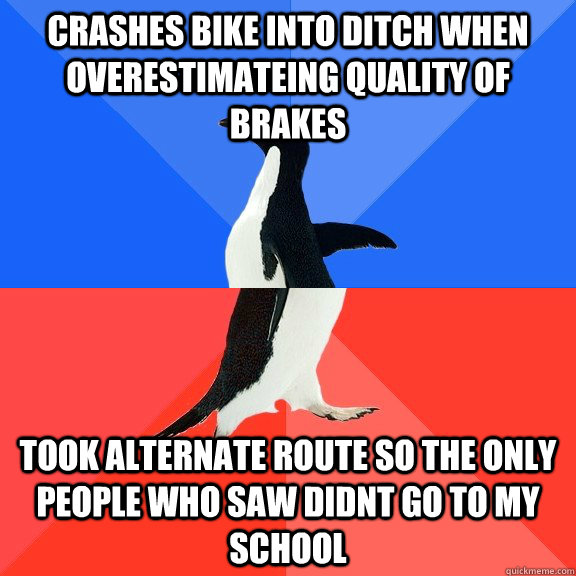 Crashes Bike into ditch when overestimateing quality of brakes took alternate route so the only people who saw didnt go to my school  Socially Awkward Awesome Penguin
