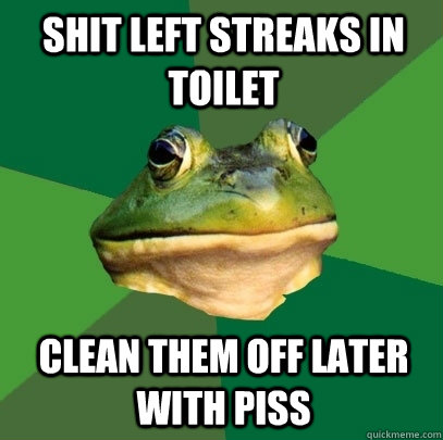 shit left streaks in toilet clean them off later with piss  Foul Bachelor Frog