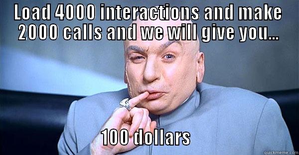 LOAD 4000 INTERACTIONS AND MAKE 2000 CALLS AND WE WILL GIVE YOU...                                                                                                                                                                                                                                     100 DOLLARS                 Misc