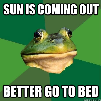 Sun is coming out Better go to bed  Foul Bachelor Frog