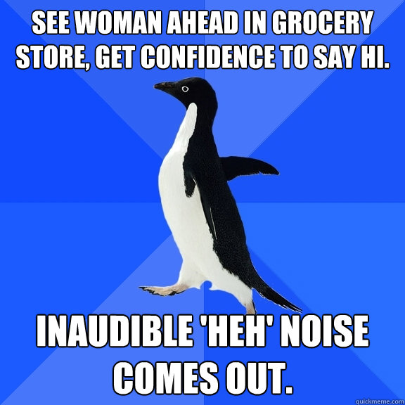 See woman ahead in grocery store, get confidence to say hi. Inaudible 'heh' noise comes out.  Socially Awkward Penguin