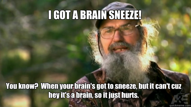 I GOT A BRAIN SNEEZE! You know?  When your brain's got to sneeze, but it can't cuz hey it's a brain, so it just hurts. - I GOT A BRAIN SNEEZE! You know?  When your brain's got to sneeze, but it can't cuz hey it's a brain, so it just hurts.  Si Eye Duck Dynasty