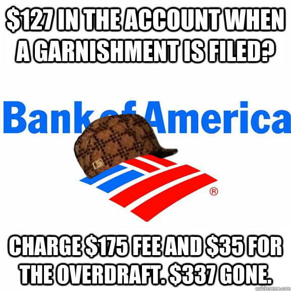 $127 in the account when a garnishment is filed? Charge $175 fee and $35 for the overdraft. $337 gone. - $127 in the account when a garnishment is filed? Charge $175 fee and $35 for the overdraft. $337 gone.  Misc