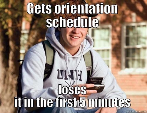 GETS ORIENTATION SCHEDULE LOSES IT IN THE FIRST 5 MINUTES College Freshman
