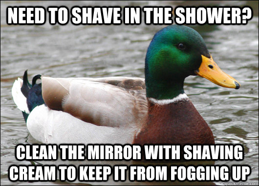 need to shave in the shower? clean the mirror with shaving cream to keep it from fogging up  Actual Advice Mallard
