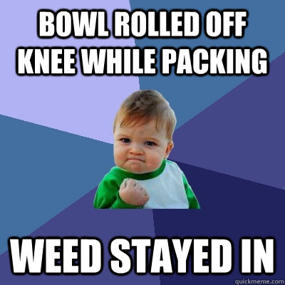 bowl rolled off  knee while packing weed stayed in  Success Kid
