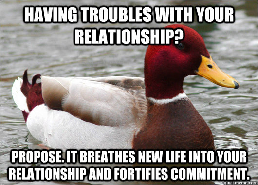 Having troubles with your relationship? Propose. It breathes new life into your relationship and fortifies commitment.  Malicious Advice Mallard