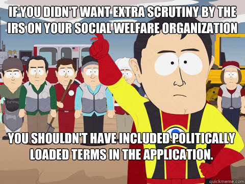 If you didn't want extra scrutiny by the IRS on your social welfare organization you shouldn't have included politically loaded terms in the application.  Captain Hindsight